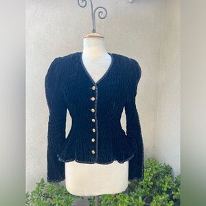Vintage Jeanne Marc jacket peplum black velvet quilted gold polka dot trim Small